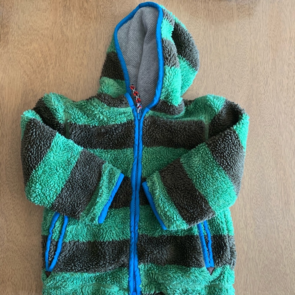 Mini Boden Fluffy Green & Brown Striped Jacket 3-4